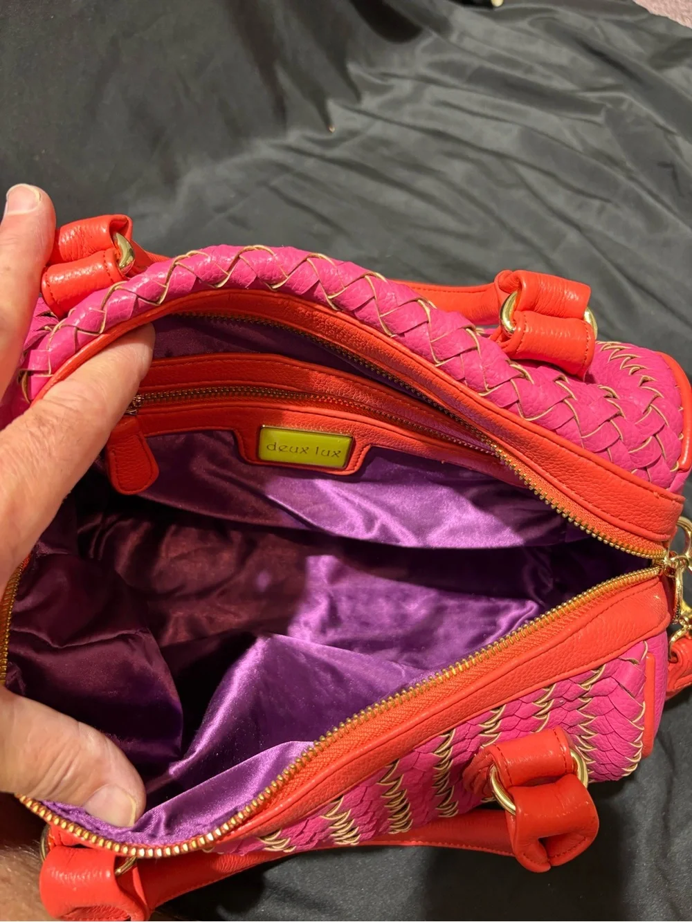 Deux Lux Hot Pink and Coral Woven Satchel with Shoulder Strap